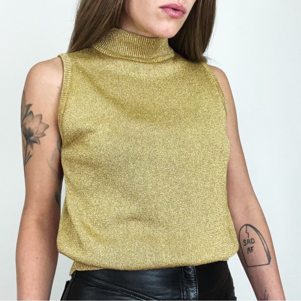 Vintage Metallic Gold Mockneck Knit Sleeveless Top | Size M